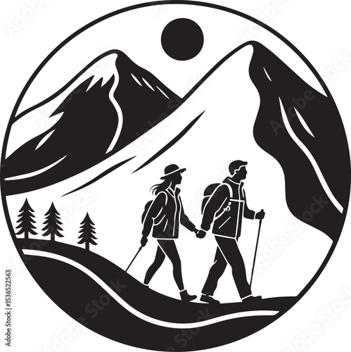 The illustration features three mountain ridges flowing horizontally across the circle 