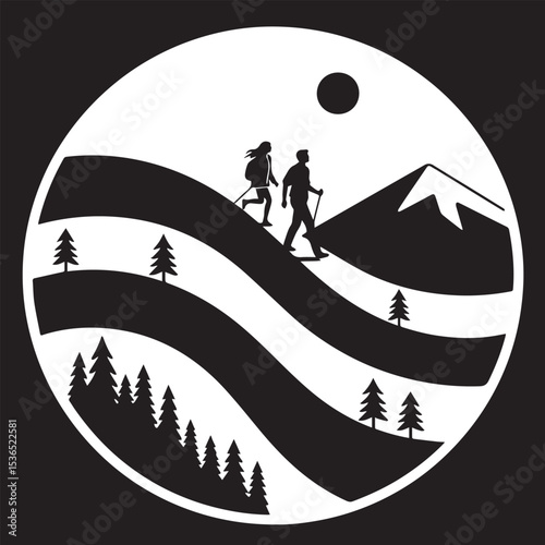 The illustration features three mountain ridges flowing horizontally across the circle 