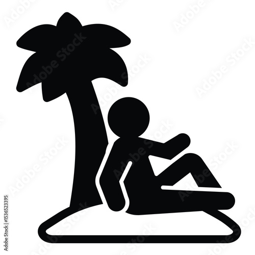 Human on island, sand and palm tree solid icon, tropical voyage concept. Vector graphics. Island with sitting alone man sign on white background, style mobile or design.