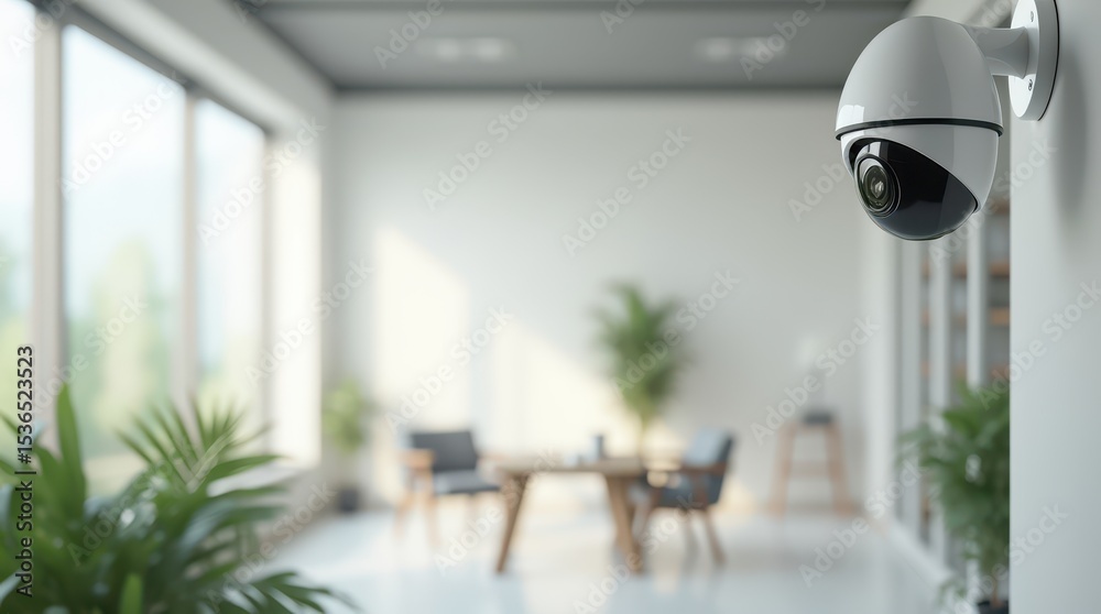 Fototapeta premium A security camera mounted on the ceiling of a modern, sunlit office. The background is blurred, emphasizing technology and workplace safety.