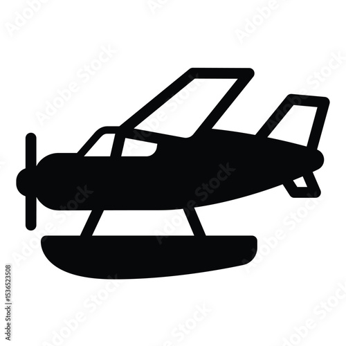 Private plane with water landing solid icon, tropical voyage concept. Vector graphics. Hydroplane with pillow pair sign on white background, style mobile or design.