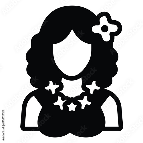 Woman with festival flowers outfit solid icon, tropical voyage concept. Vector graphics. Hawaiian girl, woman avatar sign on white background, style mobile or design.