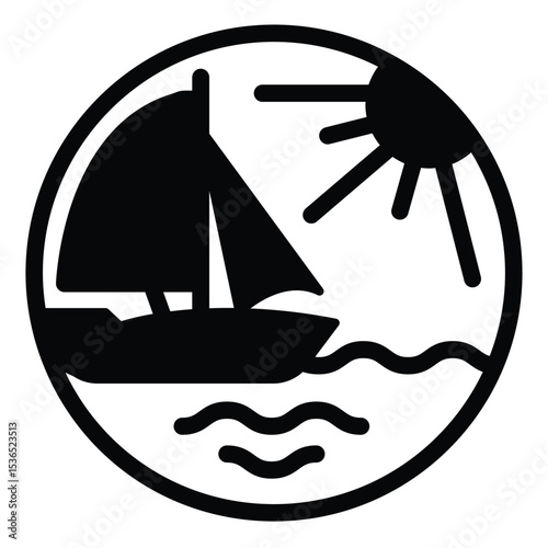 Yacht ship with sun at sea solid icon, tropical voyage concept. Vector graphics. Sailboat traveling, water transport sign on white background, style mobile or design.