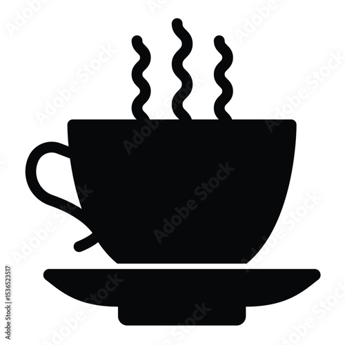 Cup of hot coffee solid icon, tropical voyage concept. Vector graphics. Coffee drink cup with ceramic saucer sign on white background, style mobile or design.