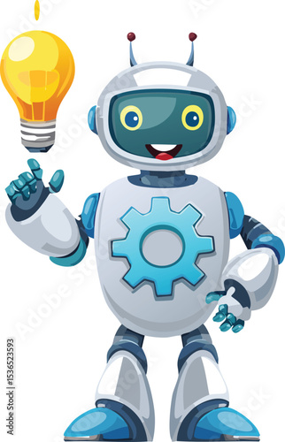 Cartoon Robot Holding Gear and Lightbulb Representing Innovation