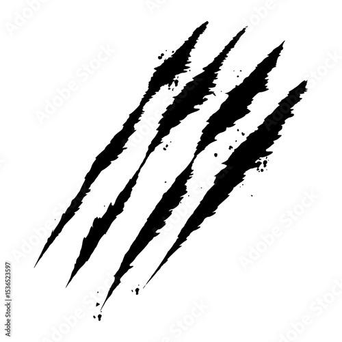 Vector claw mark with torn skin effect and dark grunge lines. Ideal for creature attack artwork, spooky scenes, or dangerous animal themes.
