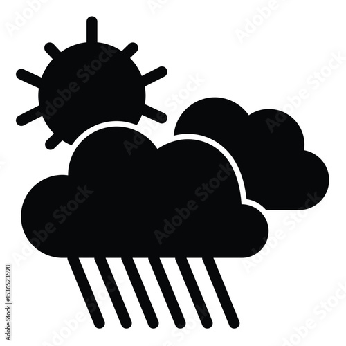 Weather with rainy clouds and sun solid icon, tropical voyage concept. Vector graphics. Cloudy weather sky sign on white background, style mobile or design.