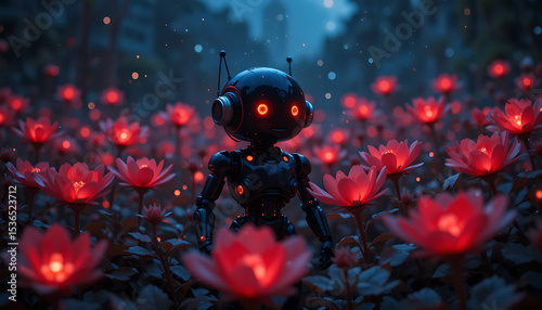 AI robot in flowers, lights, 3D Rendering illustration