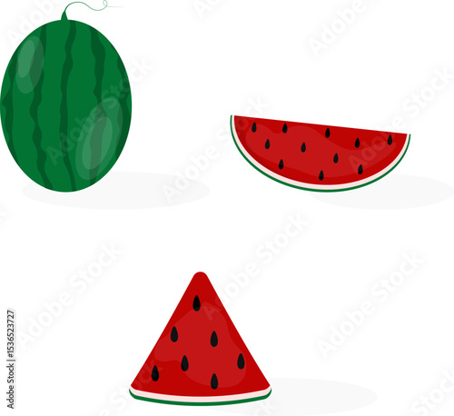 Whole, half and triangle slice of watermelon