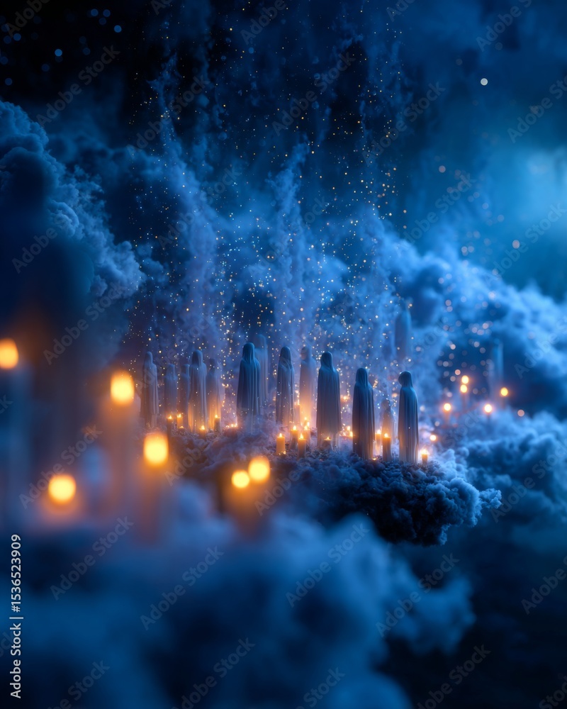 Obraz premium Conceptual floating ofrenda made of clouds, candles flickering in midair, ghostly silhouettes of loved ones appearing subtly in the sky ethereal and emotional theme
