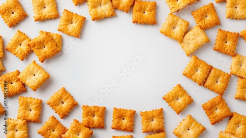 Square crackers form a border around a blank, light-blue background.  The crackers are golden-brown, slightly textured, and have a small indentation in the center of each