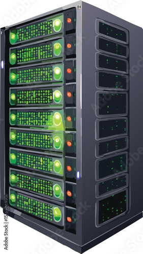 Data Server Rack with Active Green Power Indicators in Modern Center