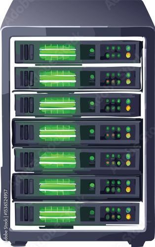 Data Server Rack with Active Green Power Indicators in Modern Center