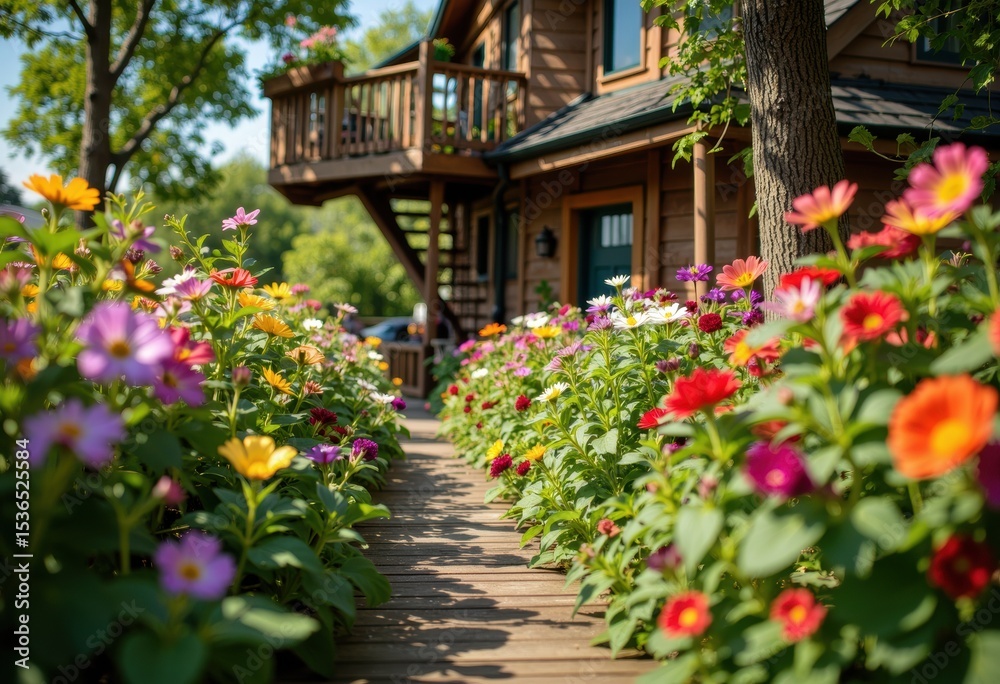 Obraz premium Colorful flower garden pathway leading to a cozy wooden house with a balcony