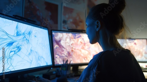 Side view of a designer using AI software to morph a traditional sketch into digital art, dual monitors with evolving visuals, creative workspace setup