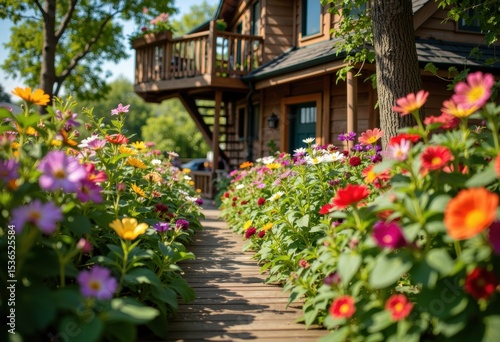 Wallpaper Mural Colorful flower garden pathway leading to a cozy wooden house with a balcony Torontodigital.ca