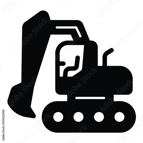 Crawler excavator with bucket solid icon, making road concept. Vector graphics. Excavator vehicle, heavy transport sign on white background, style mobile or design.