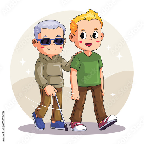 Volunteer Providing Support to Blind Person Walking