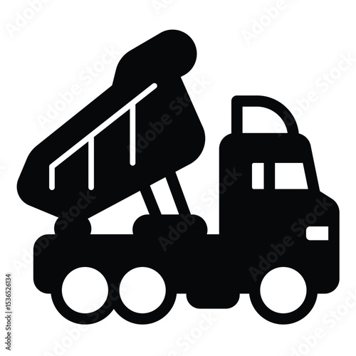 Truck with raised body solid icon, making road concept. Vector graphics. Motor truck vehicle, heavy transport sign on white background, style mobile or design.