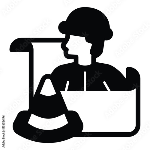 Engineer with projects and traffic cone solid icon, making road concept. Vector graphics. Builder man with project plan sign on white background, style mobile or design.