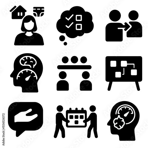 Mental Load Icons. Solid style icons of mental load management: invisible labor icon, thought bubble checklist, task delegation