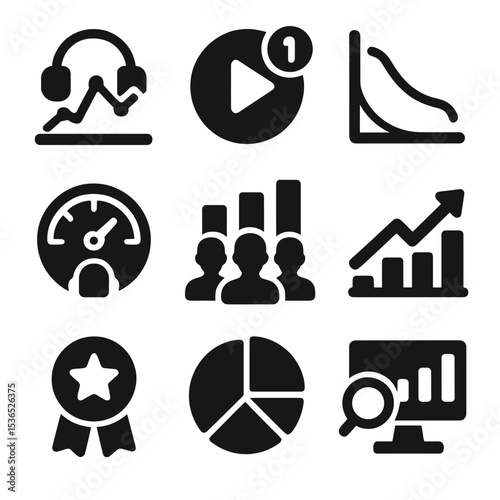 Podcast Analytics Icons. Solid style icons of podcast analytics: listener graph icon, play count badge, retention curve chart,