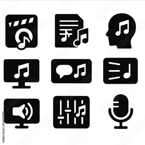 Audio Branding Icons. Solid style icons of audio branding: sonic logo icon, signature jingle, theme music icon, brand tone badge,