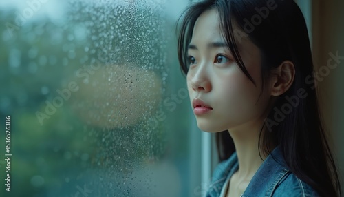 Young Asian woman looks through rainy window glass. Sad female with wet hair lost in thought. Emotional portrait captures pensive, melancholic mood. Rainy day, loneliness, depression, introspection,