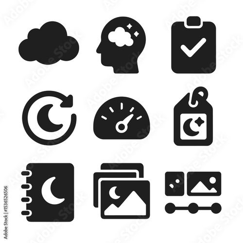 Dream Tracking Icons. Solid style icons of dream and subconscious tracking: dream cloud icon, dream recall badge, lucid dream