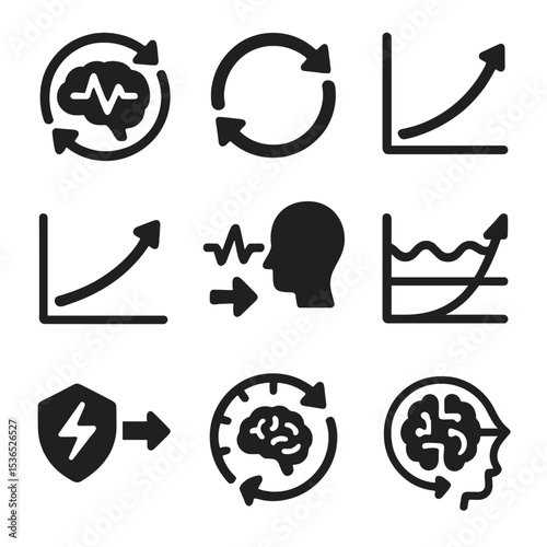 Adaptive Feedback Icons. Solid style icons of adaptive feedback loops: brainwave loop meter, closed feedback diagram, improvement