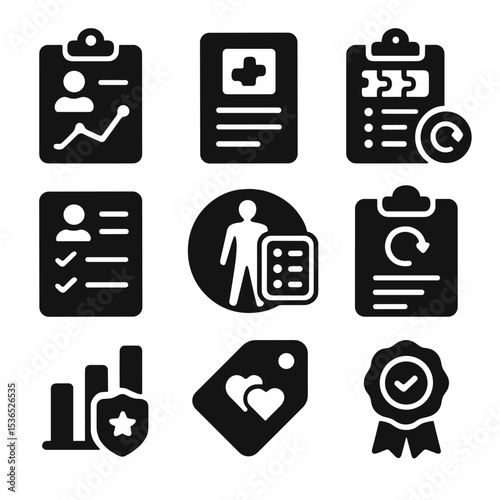 Personalized Rehab Icons. Solid style icons of personalized rehab plans: name-labeled chart, condition-specific module, modular