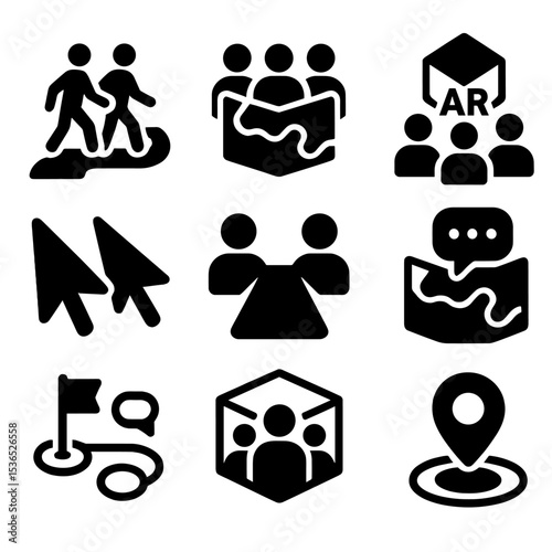 Collaborative Spatial Icons. Solid style icons of collaborative spatial features: shared path icon, multi-user map overlay, AR