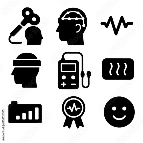 Neurostimulation Icons Collection. Solid style icons of neurostimulation technologies: transcranial magnetic stimulator, electric