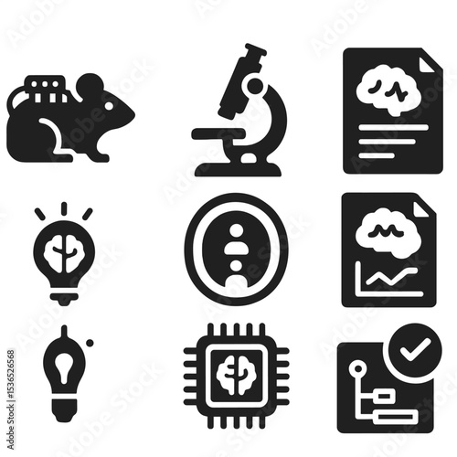 Neuroscience Research Icons. Solid style icons of neuroscience research tools: lab rat with BCI, neuro lab microscope, brain test