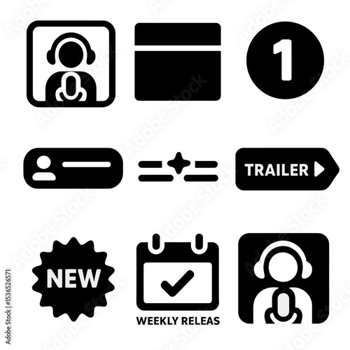 Podcast Icon Collection. Solid style icons of podcast episode visuals: episode thumbnail frame, title card icon, episode number