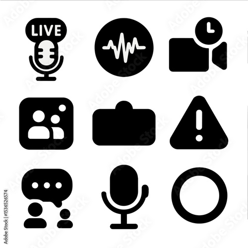 Real-Time Podcast Icons. Solid style icons of real-time podcasting: live stream mic icon, real-time waveform badge, streaming