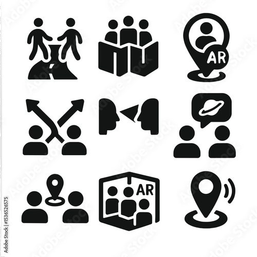 Collaborative Spatial Icons. Solid style icons of collaborative spatial features: shared path icon, multi-user map overlay, AR