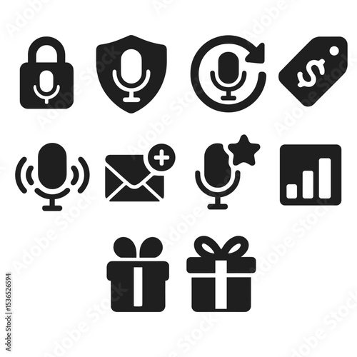 Podcast Access Icons. Solid style icons of podcast subscription and member content: locked episode icon, member-only feed badge,