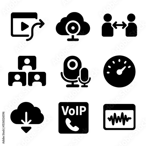 Remote Podcasting Icons. Solid style icons of remote podcasting tools: online interview link icon, cloud recording symbol, remote