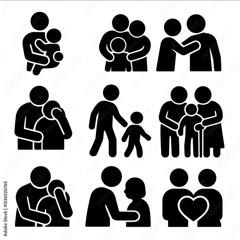 Family Support Icons. Solid vector icons of family support actions: parent holding child, family group hug, supportive hand on Family Support Icons. Solid vector icons of family support actions: parent holding child, family group hug, supportive hand on