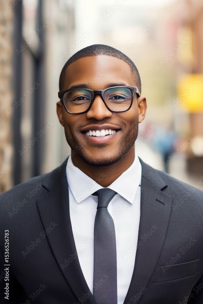 Fototapeta premium Cheerful Young African American Man in Business Attire Walking Downtown with Cityscape Background