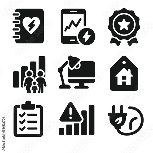 Energy Conservation Icons. Solid style icons of energy-conscious behavior change: energy diary icon, power usage tracking app,