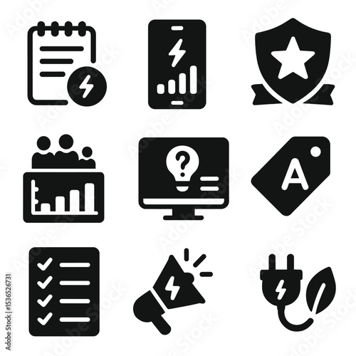 Energy Conservation Icons. Solid style icons of energy-conscious behavior change: energy diary icon, power usage tracking app,