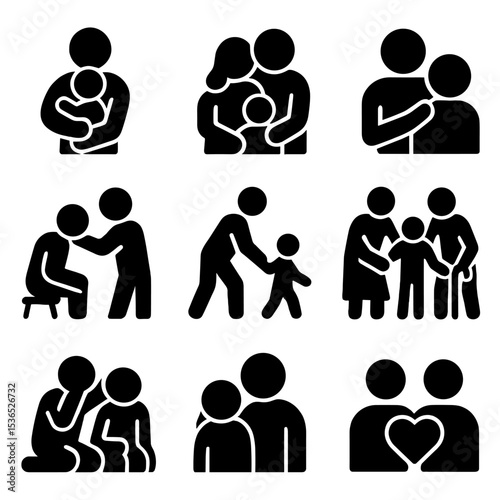 Family Support Icons. Solid vector icons of family support actions: parent holding child, family group hug, supportive hand on