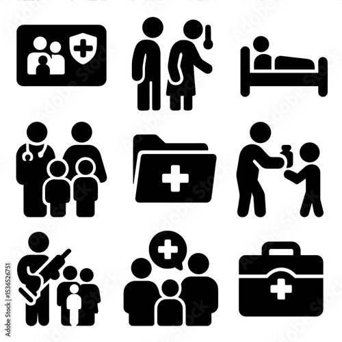 Family Healthcare Icons. Solid vector icons of family healthcare support: family health insurance card, parent with thermometer,