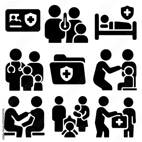 Family Healthcare Icons. Solid vector icons of family healthcare support: family health insurance card, parent with thermometer,