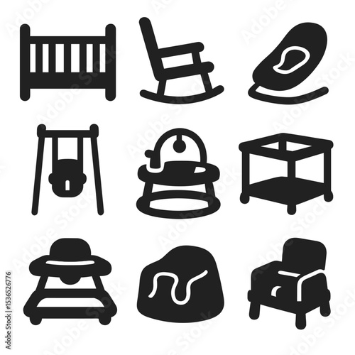 Baby Gear Icons. Solid vector icons of baby gear and furniture: convertible crib, rocking chair, baby bouncer, swing seat,