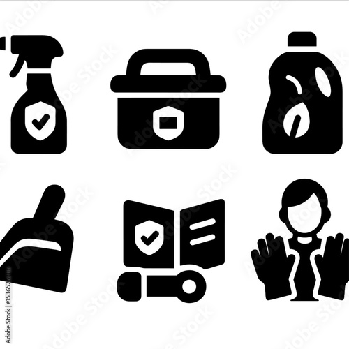Child-Safe Cleaning Icons. Solid vector icons of child-safe cleaning tools: childproof spray bottle, soft edge brush, labeled