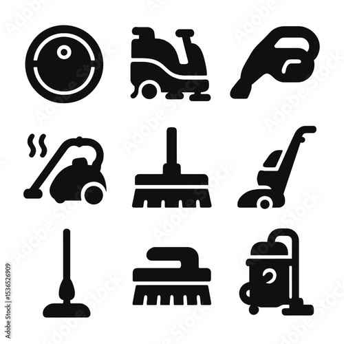 Cleaning Equipment Icons. Solid vector icons of cleaning equipment and devices: robot vacuum, floor scrubber, handheld vacuum,