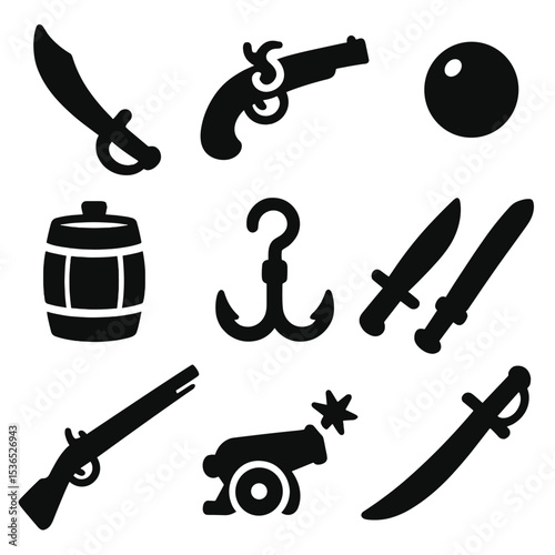 Pirate Weapons Icons. Solid vector icons of pirate weapons and gear: cutlass sword, flintlock pistol, cannonball, powder keg,